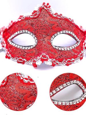 Kırmızı Renk Gözler Kristal Taşlı Dantelli Parti Maskesi 11x17 cm