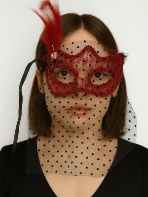 Kırmızı Renk Dantelli Duvaklı İncili Parti Maskesi Balo