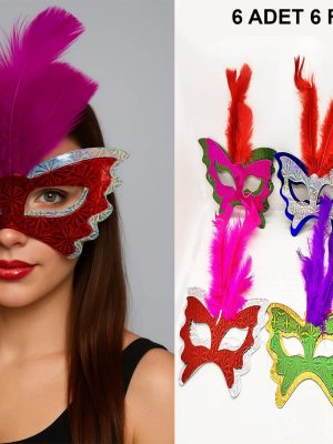 Renkli Parti Maskesi 6'lı | Tüylü Karton Maske Seti (Lastikli)