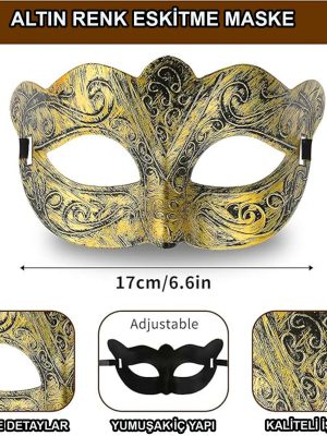 Altın Renk Eskitme Maskeli Balo Maskesi – Venedik Tarzı Parti Maskesi