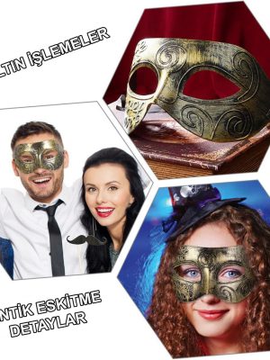 Altın Eskitme Yüz Maskesi - Antik Tarz Balo Maskesi