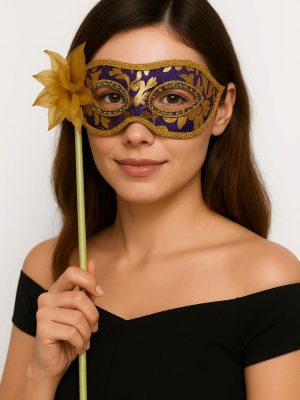 Lüks Taşlı Saplı Maskeli Balo Maskesi Mor Renk 35 cm