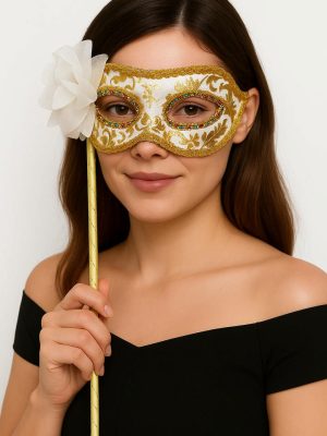 Lüks Taşlı Saplı Maskeli Balo Maskesi Beyaz Renk 35 cm