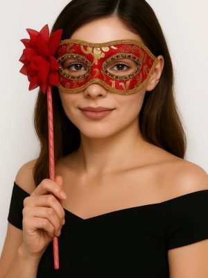 Lüks Taşlı Saplı Maskeli Balo Maskesi Kırmızı Renk 35 cm