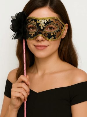 Lüks Taşlı Saplı Maskeli Balo Maskesi Siyah Renk 35 cm