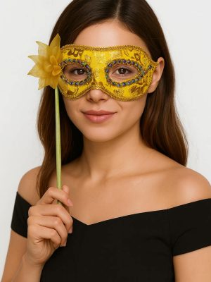 Lüks Taşlı Saplı Maskeli Balo Maskesi Altın Renk 35 cm