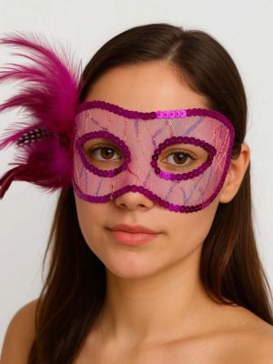 Fuşya Renk Yandan Tüylü Pul Payet İşlemeli Parti Maskesi 23x12 cm