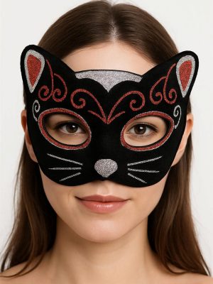 Kadife Dokulu Sim Detaylı Işıltılı Kedi Maskesi Kırmızı Gümüş 20x13 cm