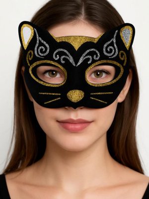 Kadife Dokulu Sim Detaylı Işıltılı Kedi Maskesi Altın Gümüş 20x13 cm