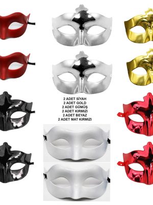 12’li Renkli Parti Maskesi Seti – Siyah, Gold, Gümüş, Kırmızı, Beyaz, Mat Kırmızı