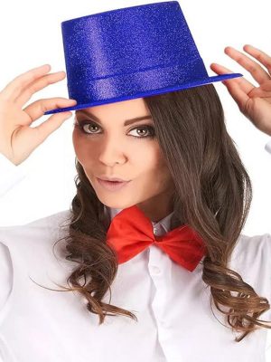 Mavi Renk Parıltılı Simli Fötr Silindir Parti Şapkası