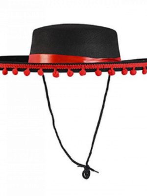 Kırmızı Ponponlu Siyah Renk Çocuk İspanyol Şapkası