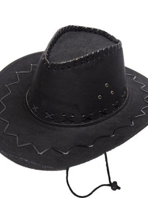 Bağcıklı Çocuk Boy Nubuk Süet Kovboy Şapkası Siyah Renk