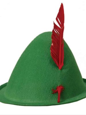 Yeşil Renk Kırmızı Tüylü Peter Pan Şapkası Robin Hood Şapkası 24X23 cm