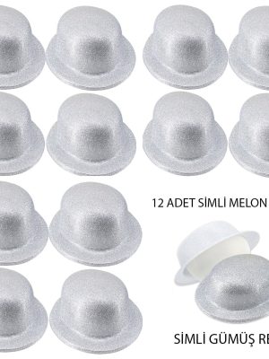 Gümüş Renk Simli Melon Yuvarlak Parti Şapkası 12 Adet