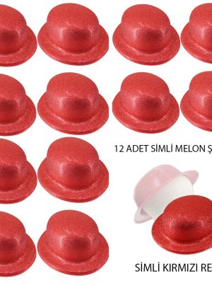 Kırmızı Renk Simli Melon Yuvarlak Parti Şapkası 12 Adet