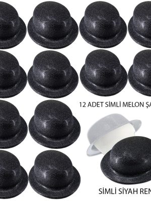 Siyah Renk Simli Melon Yuvarlak Parti Şapkası 12 Adet