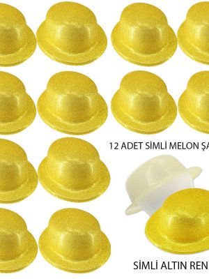 Altın Renk Simli Melon Yuvarlak Parti Şapkası 12 Adet