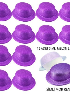 Mor Renk Simli Melon Yuvarlak Parti Şapkası 12 Adet