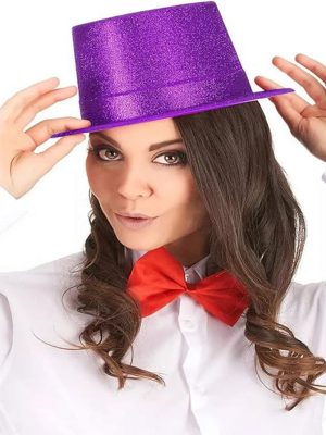 Koyu Mor Renk Violet Parıltılı Simli Fötr Silindir Parti Şapkası