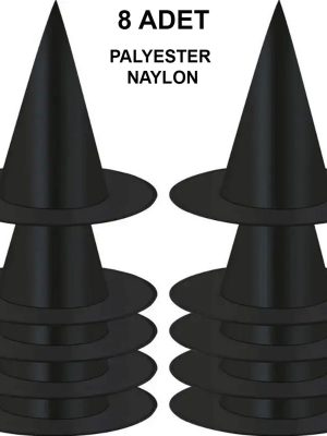 8 Adet Siyah Cadı Şapkası – Yetişkin & Çocuk Kostüm Aksesuarı
