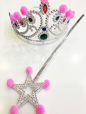Pembe Ponponlu Gümüş Renk Prenses Tacı ve Gümüş Renk Prenses Asası