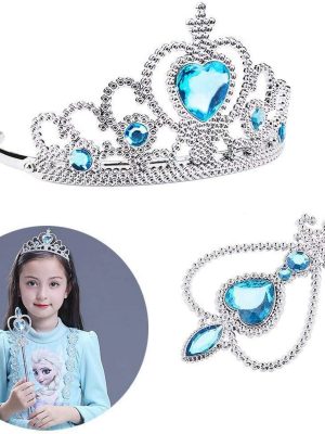 Karlar Ülkesi Elsa Mavi Kalpli Taç ve Mavi Asa Seti Çocuk Boy