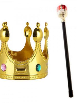 Çocuk Boy Altın Renk Kral Tacı ve Kırmızı Topuzlu Kral Asası