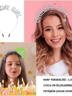 Kristal Taşlı Gümüş Birthday Girl Yazılı Doğum Günü Parti Tacı 19x11 cm