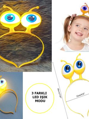 Led Işıklı & Pilli 3 Farklı Modda Yanan Uzaylı Göz Parti Tacı Sarı Renk 18x12 cm