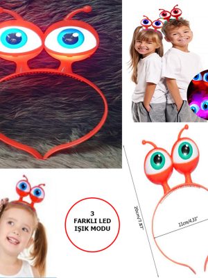 Led Işıklı & Pilli 3 Farklı Modda Yanan Uzaylı Göz Parti Tacı Kırmızı Renk 18x12 cm