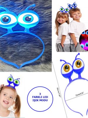 Led Işıklı & Pilli 3 Farklı Modda Yanan Uzaylı Göz Parti Tacı Mavi Renk 18x12 cm