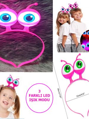 Led Işıklı & Pilli 3 Farklı Modda Yanan Uzaylı Göz Parti Tacı Pembe Renk 18x12 cm