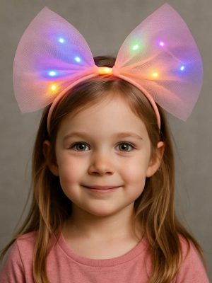 Rengarenk Led Işıklı Fiyonk Şekilli Tül Parti Tacı Pembe Renk 25x25 cm