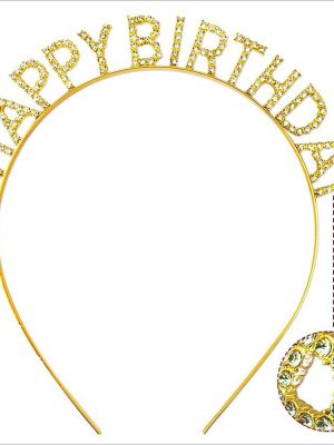 Altın Gold Renk Kristal Taşlı Parlak Happy Birthday Taç 16x17 cm