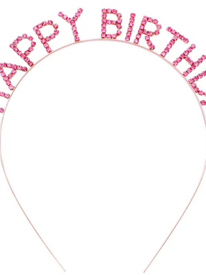 Pembe Renk Kristal Taşlı Gold Renk Kaplama Happy Birthday Taç 16x17 cm