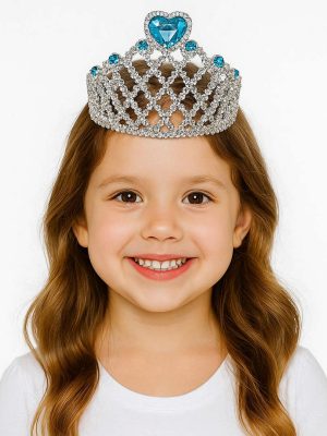 Mavi Kalpli Gümüş Renk Kraliçe Tacı Prenses Tacı