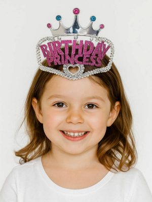 Gümüş Renk Taç Üzeri Pembe Birthday Prenses Yazılı Çocuk Parti Tacı 11X12 cm