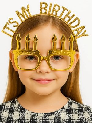 İt's My Birthday Yazılı Taç ve Mum Şekilli Gözlük Seti Altın Renk