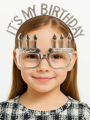 İt's My Birthday Yazılı Taç ve Mum Şekilli Gözlük Seti Gümüş Renk