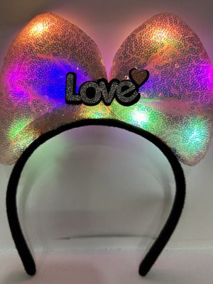 Led Işıklı 3 Farklı Fonksiyonda Yanan Gümüş Love Yazılı Toz Pembe Fiyonk Taç 20X17 cm