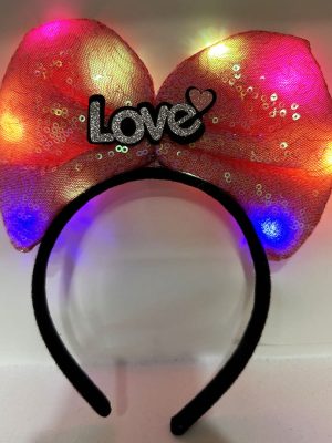 Led Işıklı 3 Farklı Fonksiyonda Yanan Gümüş Love Yazılı Fuşya Pembe Fiyonk Taç 20X17 cm