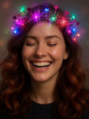 Kalp Püsküllü Gece Parıltısı 3 Modlu LED'li Işıklı Taç Fuşya Renk