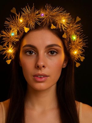 Kalp Püsküllü Gece Parıltısı 3 Modlu LED'li Işıklı Taç Altın Renk