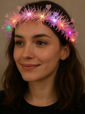 Kalp Püsküllü Gece Parıltısı 3 Modlu LED'li Işıklı Taç Pembe Renk