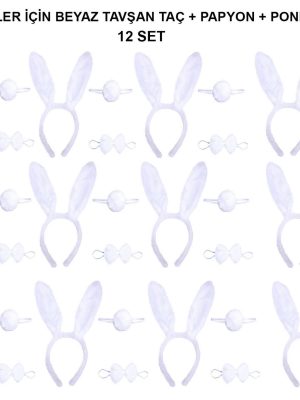 Beyaz Tavşan Kostüm Seti – Taç, Papyon, Kuyruk (12’li Paket)