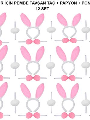 Pembe Tavşan Kostüm Seti – Taç, Papyon, Ponpon (12’li Paket)