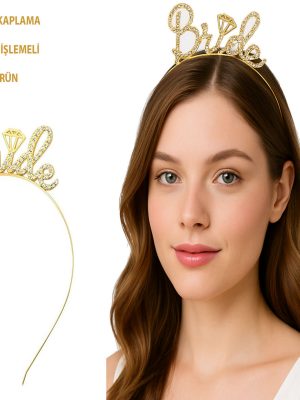 Altın Renkli Taşlı “Bride” Gelin Tacı – El Yazısı Yazı Tipiyle