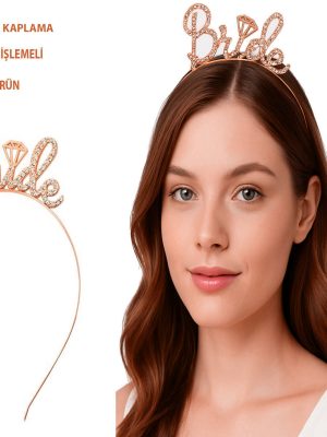 Rose Gold Renkli Taşlı “Bride” Gelin Tacı – El Yazısı Yazı Tipiyle