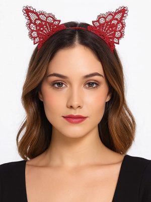 Dantelli Kırmızı Kedi Tacı - Vintage Tarz Dantel Kedi Kulak